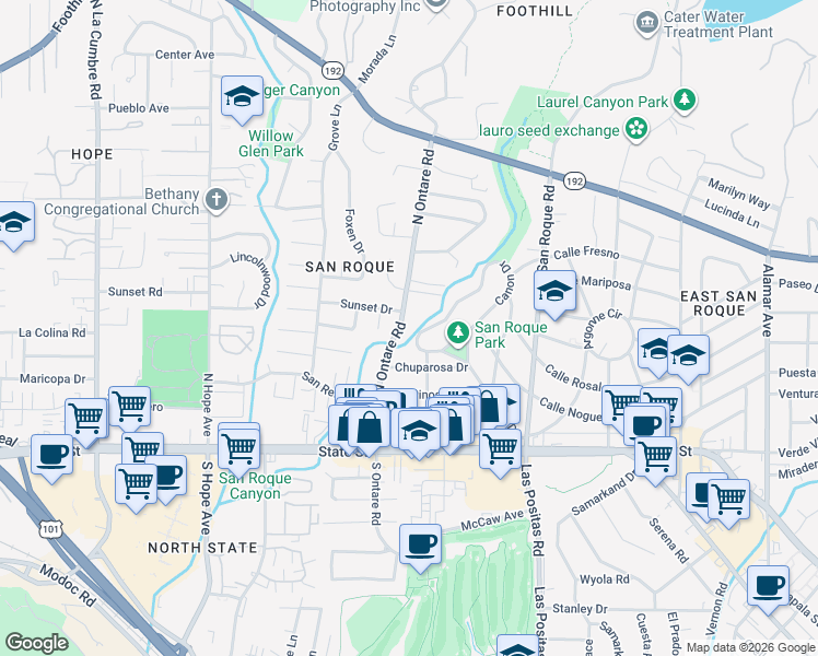 map of restaurants, bars, coffee shops, grocery stores, and more near 334 North Ontare Road in Santa Barbara