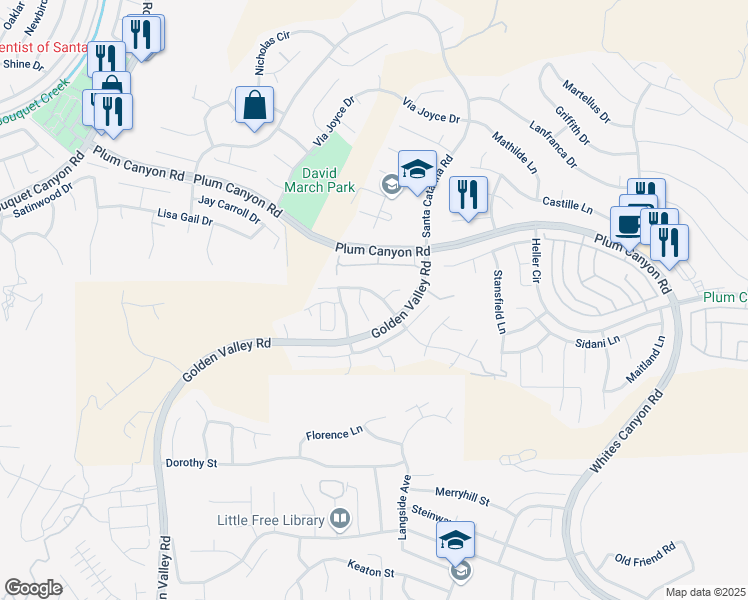 map of restaurants, bars, coffee shops, grocery stores, and more near 19942 Holly Drive in Santa Clarita