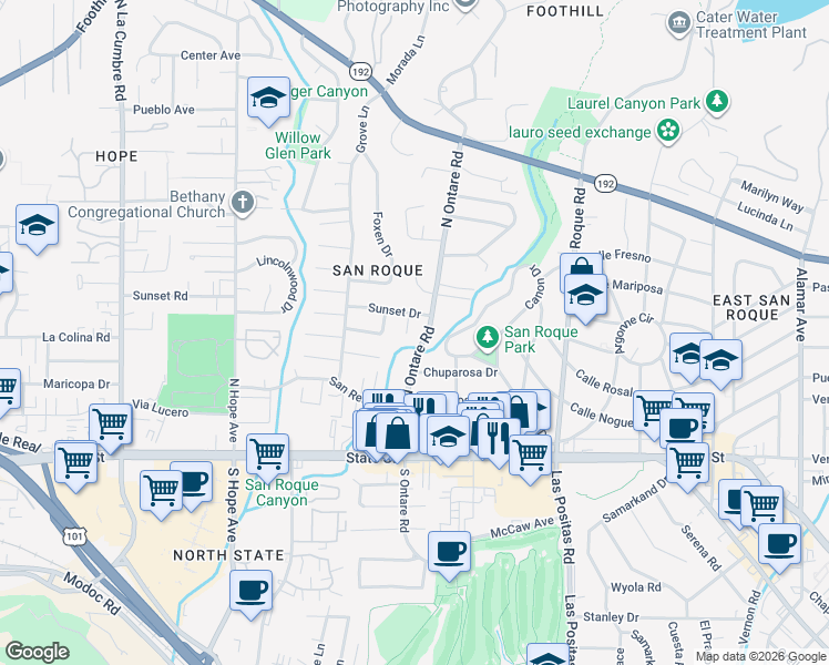 map of restaurants, bars, coffee shops, grocery stores, and more near 334 North Ontare Road in Santa Barbara