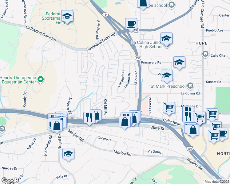 map of restaurants, bars, coffee shops, grocery stores, and more near 309 Consuelo Drive in Santa Barbara