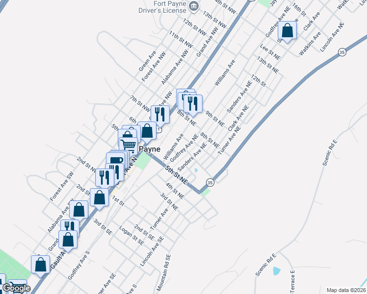 map of restaurants, bars, coffee shops, grocery stores, and more near 608 Godfrey Avenue Northeast in Fort Payne