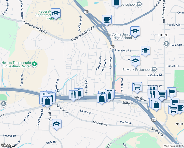 map of restaurants, bars, coffee shops, grocery stores, and more near 314 Consuelo Drive in Santa Barbara