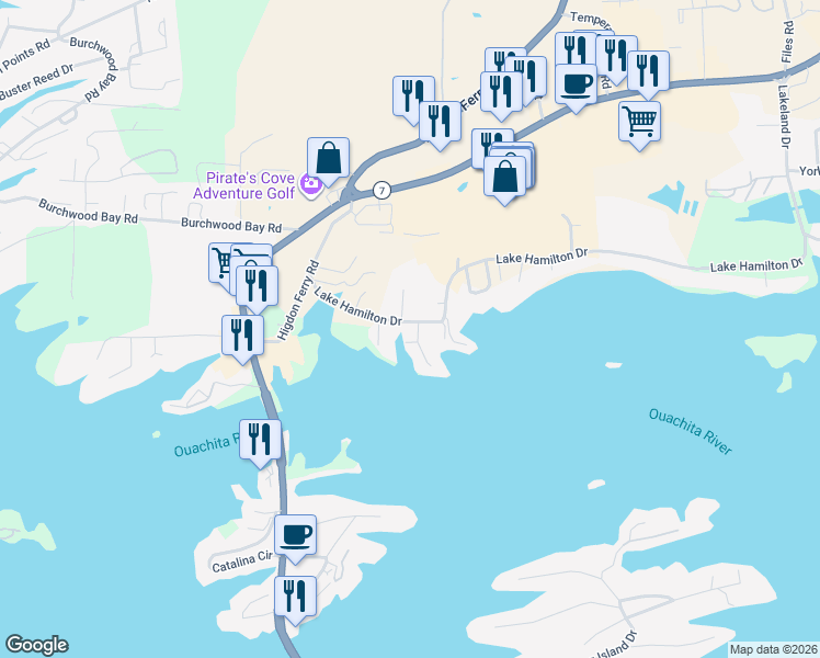 map of restaurants, bars, coffee shops, grocery stores, and more near 189 Lake Hamilton Drive in Hot Springs