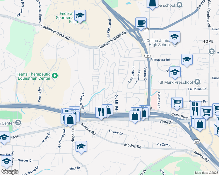 map of restaurants, bars, coffee shops, grocery stores, and more near 333 Old Mill Road in Santa Barbara