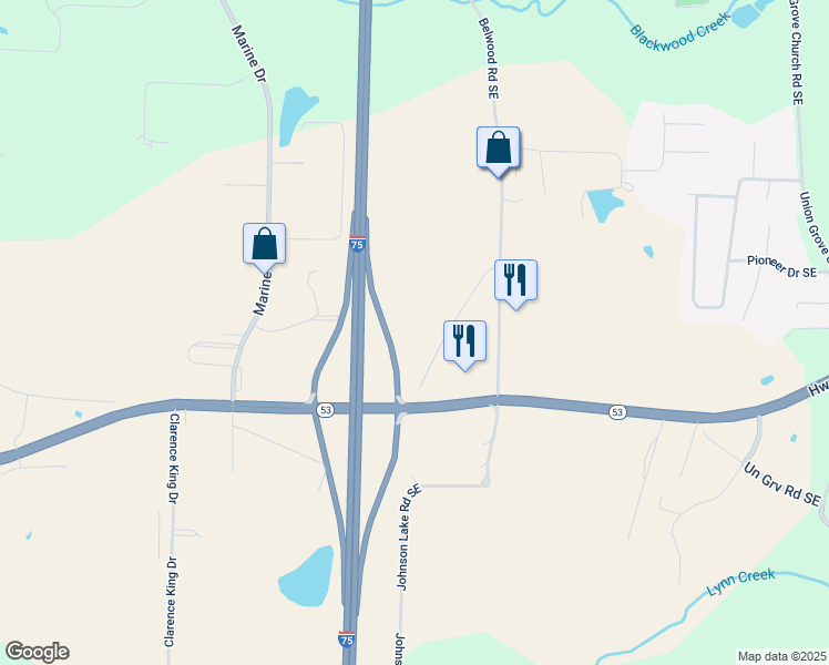 map of restaurants, bars, coffee shops, grocery stores, and more near Belwood Road in Calhoun