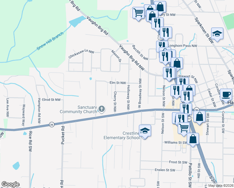 map of restaurants, bars, coffee shops, grocery stores, and more near 1008 Beech Street Northwest in Hartselle