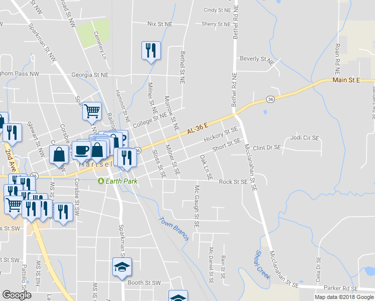 map of restaurants, bars, coffee shops, grocery stores, and more near 500 Hickory Street Southeast in Hartselle