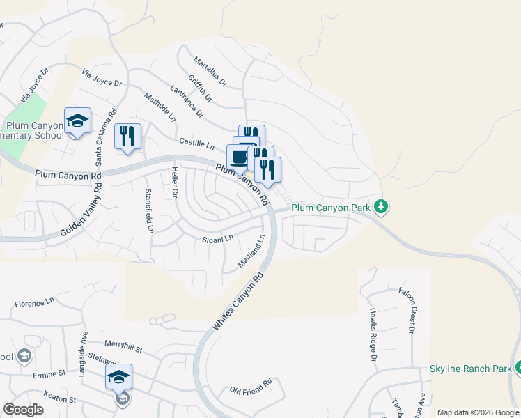map of restaurants, bars, coffee shops, grocery stores, and more near 19415 Opal Lane in Santa Clarita