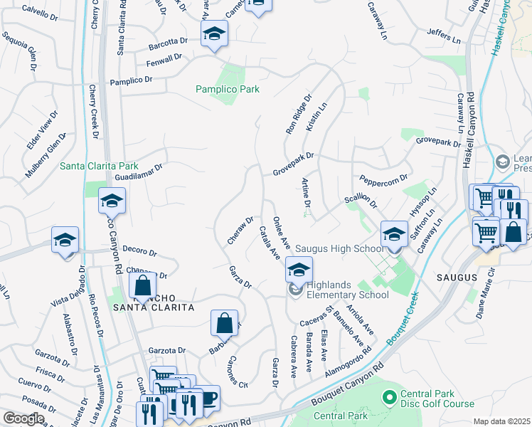 map of restaurants, bars, coffee shops, grocery stores, and more near 27440 Catala Avenue in Santa Clarita