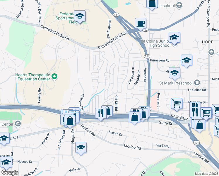 map of restaurants, bars, coffee shops, grocery stores, and more near 333 Old Mill Road in Santa Barbara