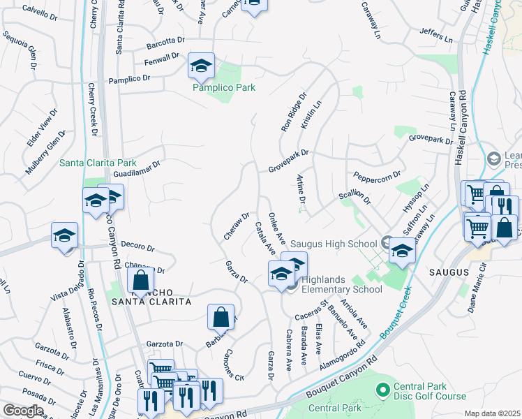 map of restaurants, bars, coffee shops, grocery stores, and more near 27440 Catala Avenue in Santa Clarita