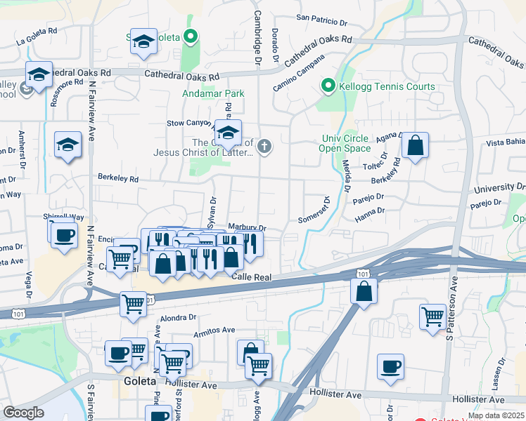 map of restaurants, bars, coffee shops, grocery stores, and more near 5636 Kent Place in Goleta