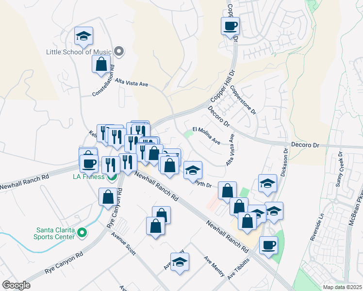 map of restaurants, bars, coffee shops, grocery stores, and more near 28043 Serra Lane in Santa Clarita