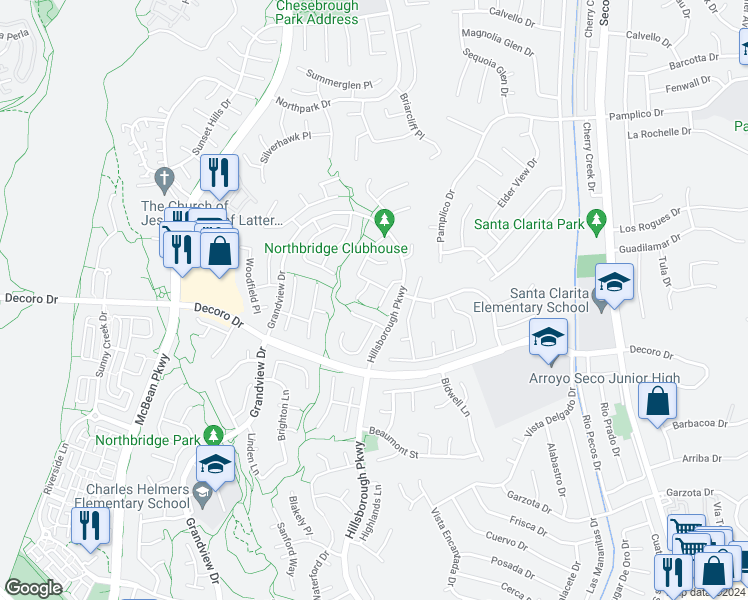 map of restaurants, bars, coffee shops, grocery stores, and more near 27457 Hillcrest Place in Santa Clarita