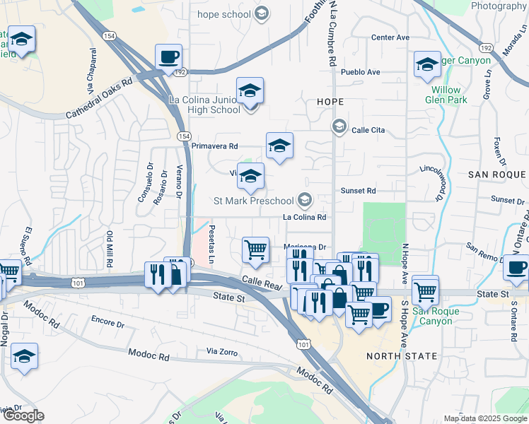 map of restaurants, bars, coffee shops, grocery stores, and more near 3902 Via Diego in Santa Barbara