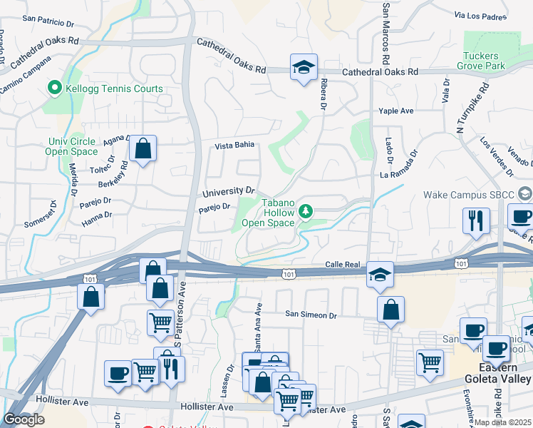 map of restaurants, bars, coffee shops, grocery stores, and more near 354 Ribera Drive in Santa Barbara