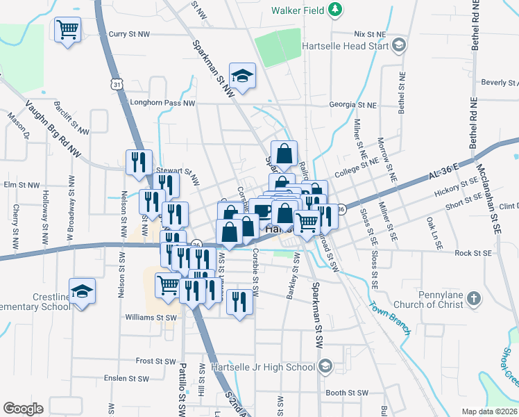map of restaurants, bars, coffee shops, grocery stores, and more near 308 College Street Northwest in Hartselle