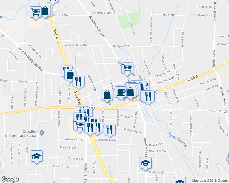 map of restaurants, bars, coffee shops, grocery stores, and more near 399 College Street Northwest in Hartselle