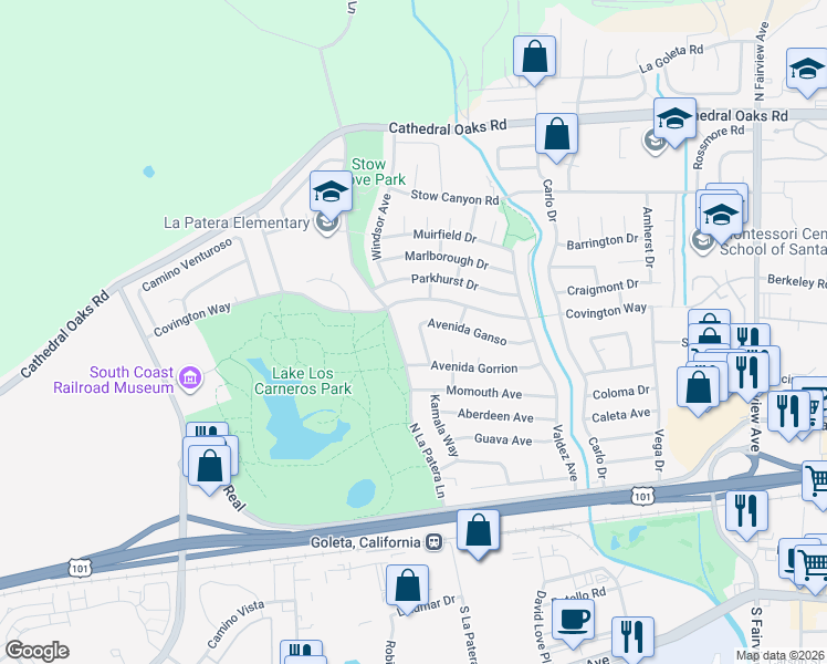 map of restaurants, bars, coffee shops, grocery stores, and more near 6278 Avenida Ganso in Goleta