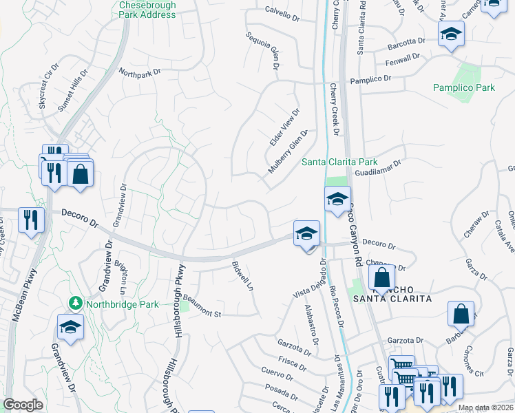map of restaurants, bars, coffee shops, grocery stores, and more near 27313 Blueridge Drive in Santa Clarita