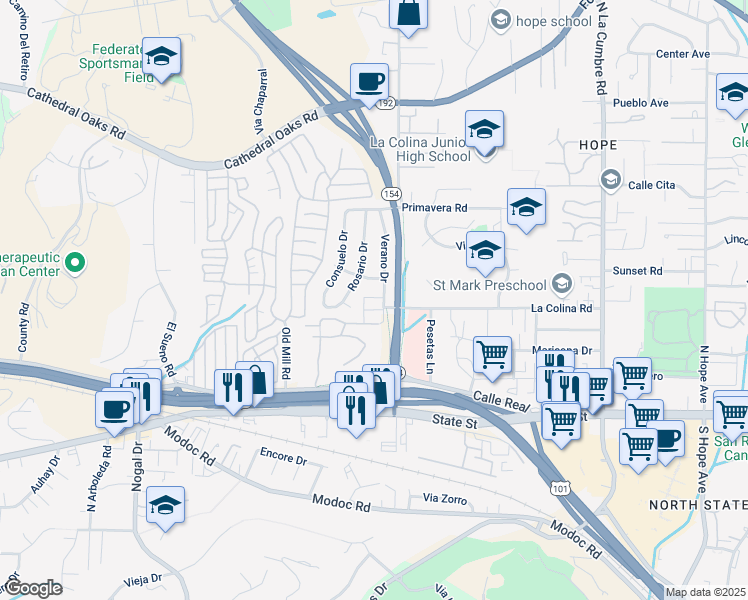 map of restaurants, bars, coffee shops, grocery stores, and more near 301 Verano Drive in Santa Barbara