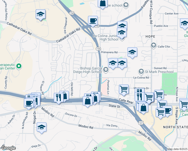 map of restaurants, bars, coffee shops, grocery stores, and more near 311 Verano Drive in Santa Barbara