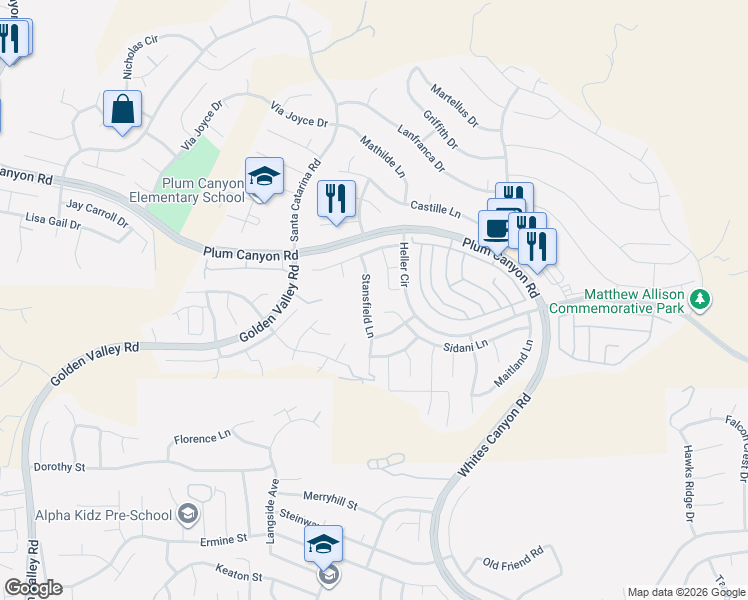 map of restaurants, bars, coffee shops, grocery stores, and more near 28402 Stansfield Lane in Santa Clarita