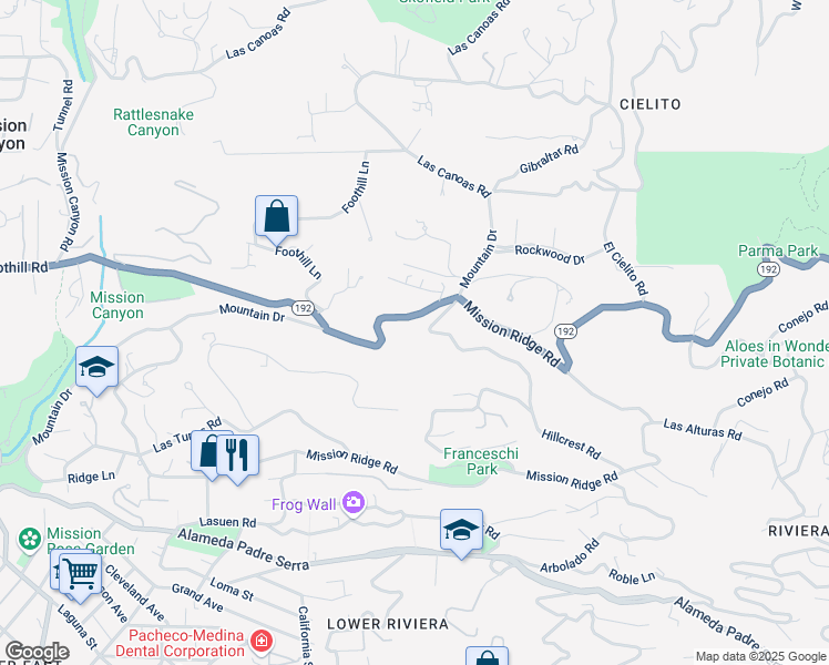 map of restaurants, bars, coffee shops, grocery stores, and more near 1809 Hillcrest Road in Santa Barbara