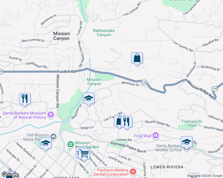map of restaurants, bars, coffee shops, grocery stores, and more near 1075 Tremonto Road in Santa Barbara