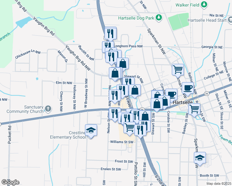 map of restaurants, bars, coffee shops, grocery stores, and more near 403 Rooks Street Northwest in Hartselle