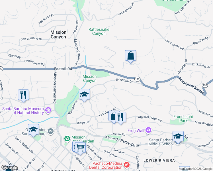 map of restaurants, bars, coffee shops, grocery stores, and more near 1075 Tremonto Road in Santa Barbara