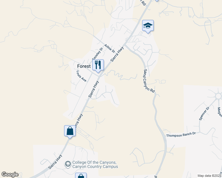map of restaurants, bars, coffee shops, grocery stores, and more near 29515 Dana Court in Santa Clarita