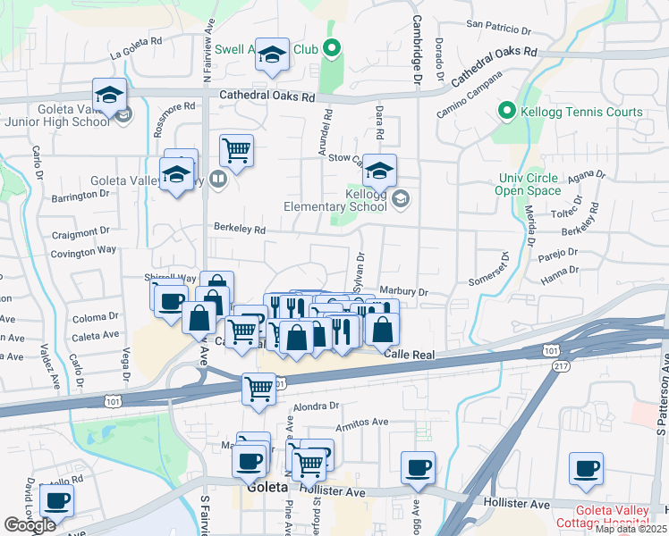 map of restaurants, bars, coffee shops, grocery stores, and more near 333 Moreton Bay Lane in Goleta