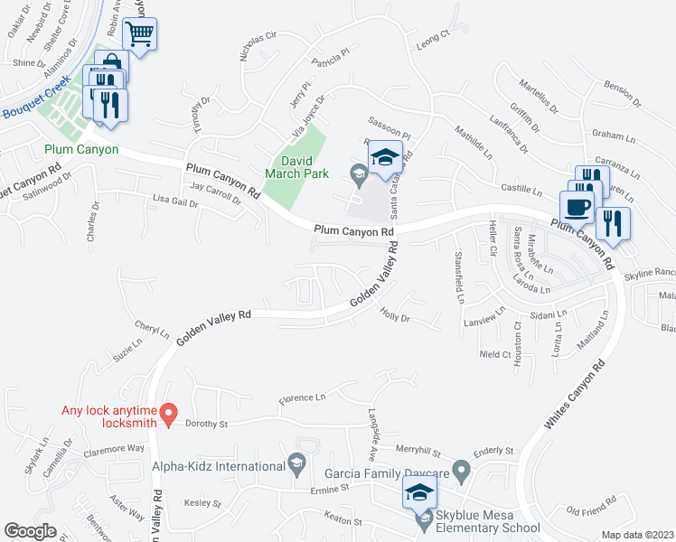 map of restaurants, bars, coffee shops, grocery stores, and more near 19942 Holly Drive in Santa Clarita