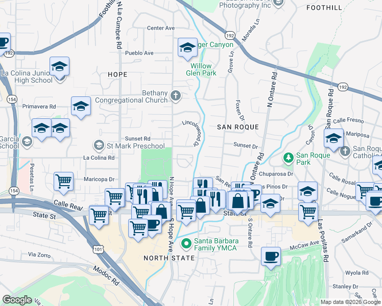 map of restaurants, bars, coffee shops, grocery stores, and more near 296 North Hope Avenue in Santa Barbara