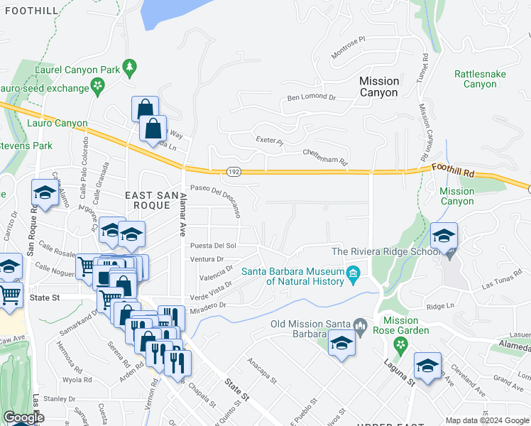 map of restaurants, bars, coffee shops, grocery stores, and more near 2895 Glendessary Lane in Santa Barbara