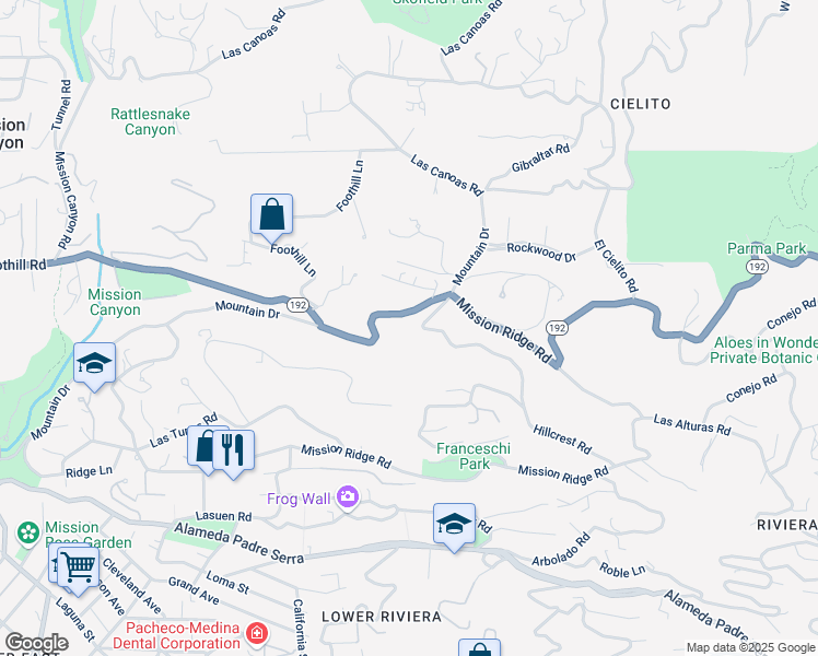 map of restaurants, bars, coffee shops, grocery stores, and more near 1809 Hillcrest Road in Santa Barbara