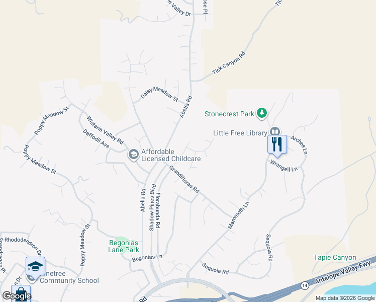 map of restaurants, bars, coffee shops, grocery stores, and more near 29652 Florabunda Road in Santa Clarita