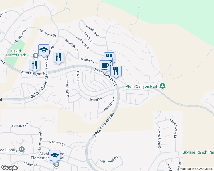 map of restaurants, bars, coffee shops, grocery stores, and more near 28365 Casselman Lane in Santa Clarita