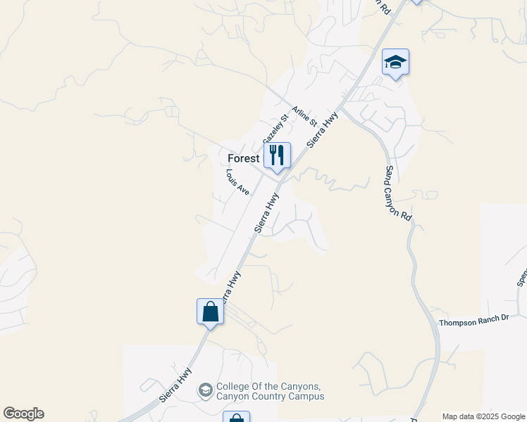 map of restaurants, bars, coffee shops, grocery stores, and more near 16745 Sierra Highway in Los Angeles County