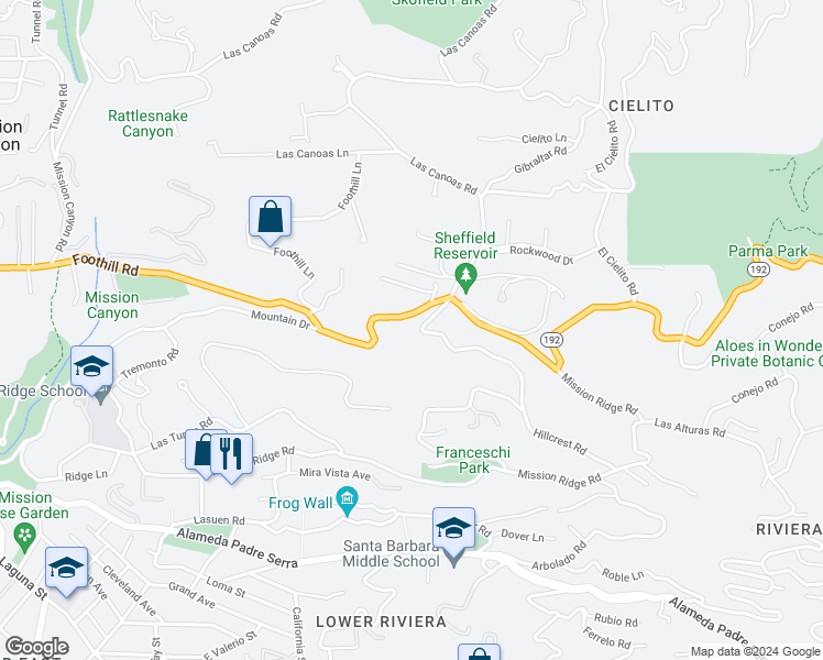 map of restaurants, bars, coffee shops, grocery stores, and more near 1809 Hillcrest Road in Santa Barbara
