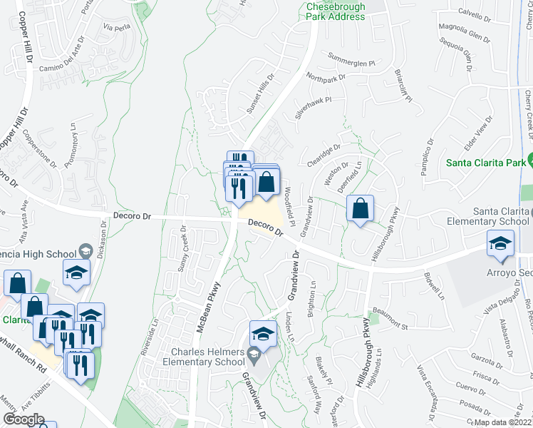 map of restaurants, bars, coffee shops, grocery stores, and more near 27716 Decoro Drive in Santa Clarita