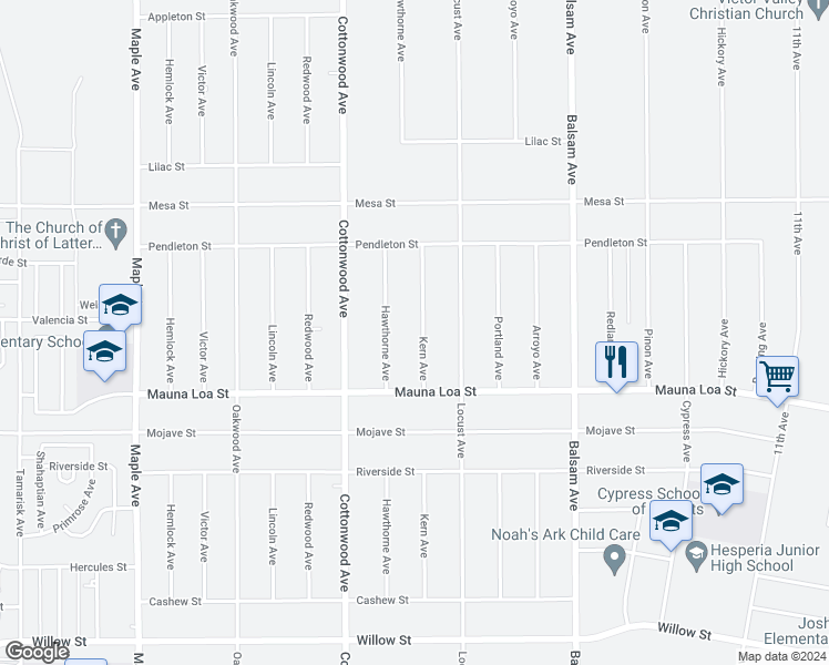 map of restaurants, bars, coffee shops, grocery stores, and more near 10676 Kern Avenue in Hesperia
