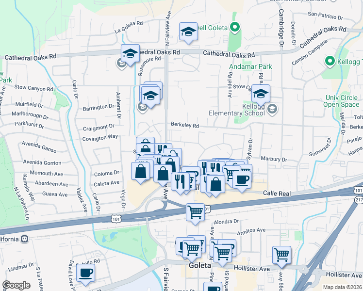 map of restaurants, bars, coffee shops, grocery stores, and more near 251 Moreton Bay Lane in Goleta