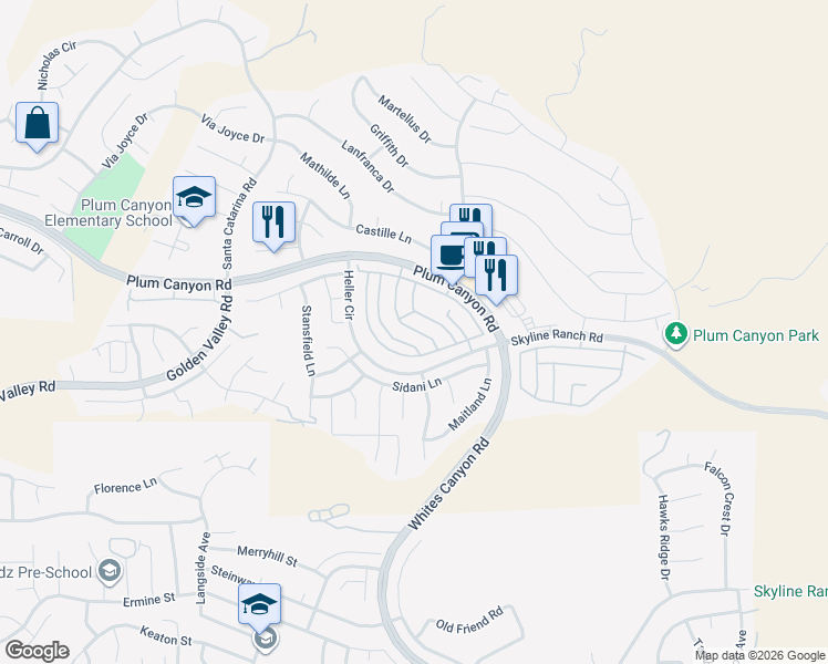 map of restaurants, bars, coffee shops, grocery stores, and more near 28385 Mirabelle Lane in Santa Clarita