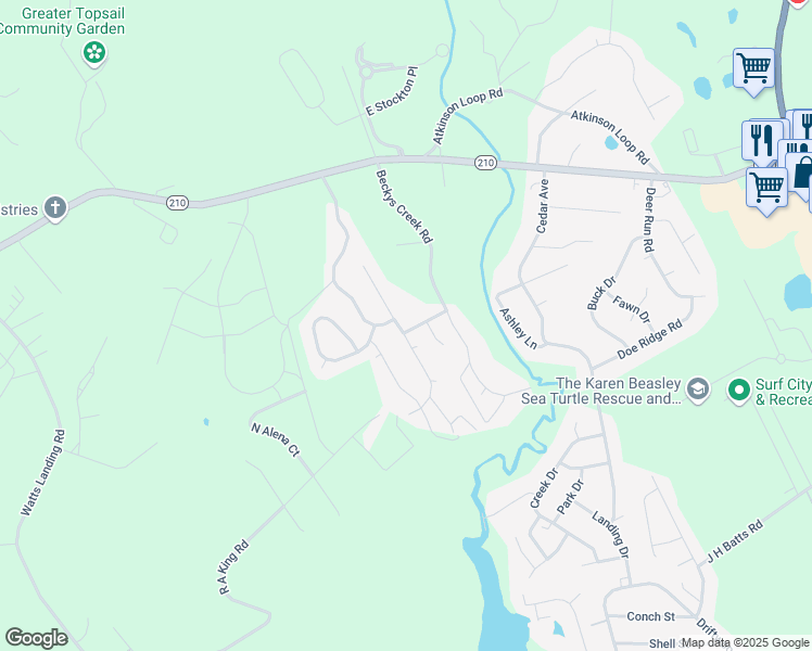 map of restaurants, bars, coffee shops, grocery stores, and more near 204 North Brig Drive in Hampstead