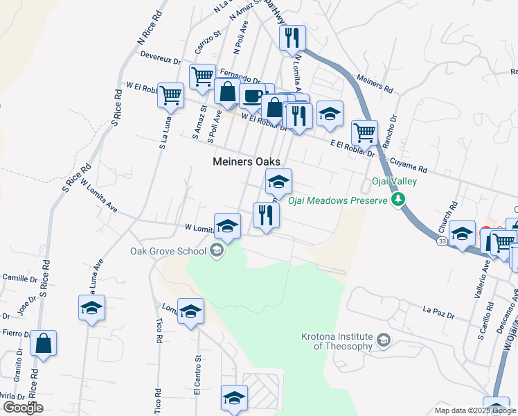 map of restaurants, bars, coffee shops, grocery stores, and more near 344 South Pueblo Avenue in Ojai
