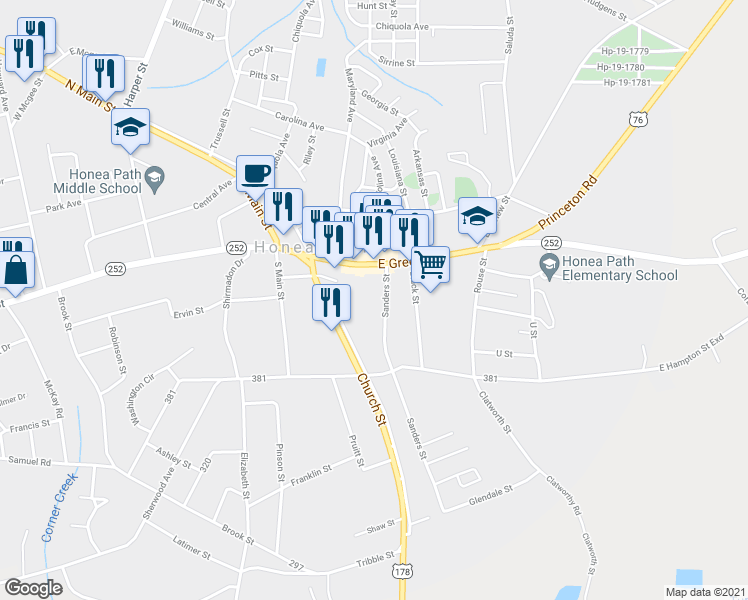 map of restaurants, bars, coffee shops, grocery stores, and more near 14 Sanders Street in Honea Path