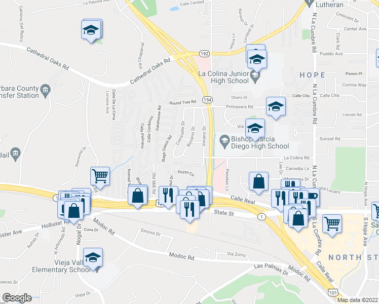 map of restaurants, bars, coffee shops, grocery stores, and more near 340 Rosario Drive in Santa Barbara