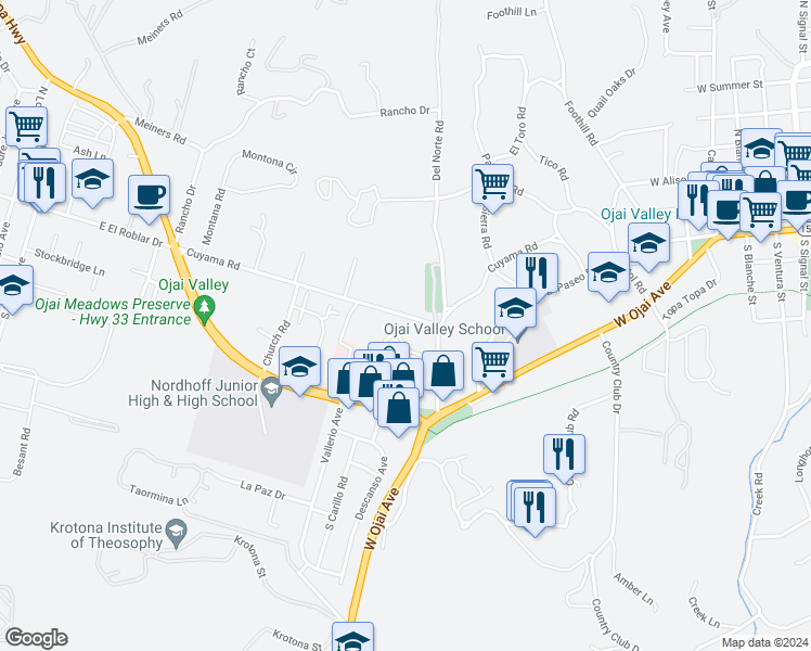 map of restaurants, bars, coffee shops, grocery stores, and more near 1068 Cuyama Road in Ojai